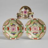 Pair of Chamberlains Worcester 'Dragon in Compartments' Plates, Two Coffee Cups and a Saucer, c.1800