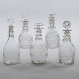 Five English Cut Glass Decanters, 19th century, largest height 10.8 in — 27.5 cm (5 Pieces)