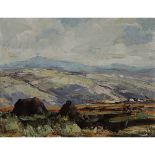Kenneth Webb (B.1927), FIGURES WORKING IN THE FIELDS IN A ROCKY MOUNTAINOUS LANDSCAPE, 1950S, Oil on