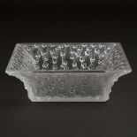 'Roses', Lalique Moulded and Frosted Square Glass Bowl, post-1945, height 3 in — 7.7 cm, diameter 13
