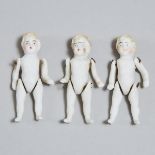 Three Miniature German Articulated Bisque Dolls, 19th century, each length 2.5 in — 6.4 cm (3 Pieces