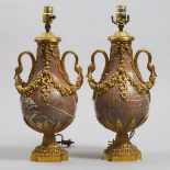 Pair of French Ormolu Mounted Marble Urn Form Table Lamps, 20th century, height, exclusive of hardwa