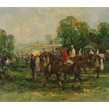 Lorie Renard? (20th Century), JOCKEYS MEET BEFORE RACE, Oil on canvas; indistinctly signed lower rig