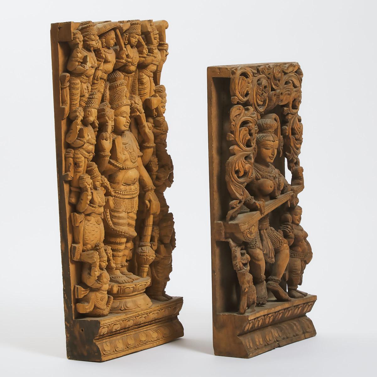 Two Indian Carved Wood Reliefs, 20th Century, 二十世纪 印度木雕建筑构件一组两件, largest 20.7 x 8.9 x 2.6 in — 52.5 - Image 2 of 3