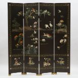 A Chinese Four-Panel 'Lotus Pond' Screen, 20th Century, 建国初期 四扇花鸟博古图屏风, each panel 72 x 15.9 in — 18