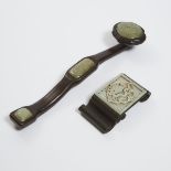 A Jade Inset Hardwood Ruyi Sceptre, Together With a Jade Inset Ink Stand, 木嵌玉雕墨床 如意一组两件, ruyi length