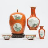 A Group of Five Chinese Coral-Ground Porcelain Wares, Mid 20th Century, 二十世纪中期 珊瑚红地粉彩器一组五件, tallest