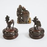 Two Japanese Bronze Lids with 'Kirin' Finials, Together With a Soapstone Carved Vase, 寿山石雕笔筒及日本铜麒麟盖一