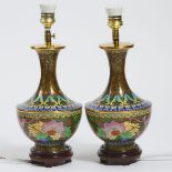 A Pair of Chinese Cloisonné Vase Lamps, Early 20th Century, 二十世纪早期 中国铜胎掐丝珐琅瓶一对 后制成灯, overall height