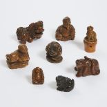 A Group of Eight Boxwood and Bamboo Netsuke and Carvings, 19th Century and Later, 十九世纪及更晚 黄杨木雕及竹雕根付一