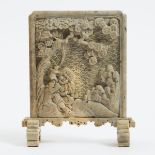 A Finely Carved Soapstone Table Screen (Kenbyo) Depicting Gama Sennin and Tekkai Sennin, Meiji Perio