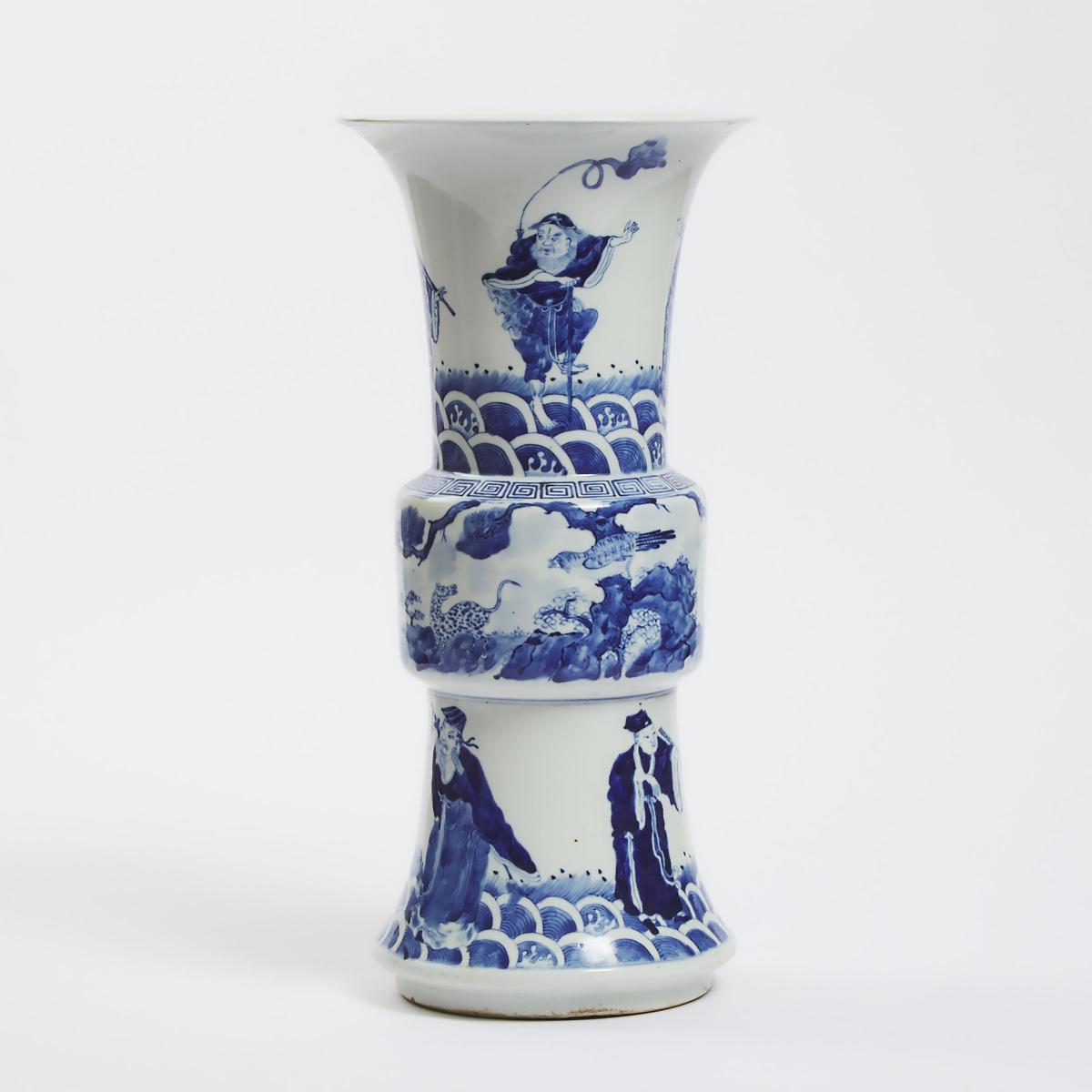 A Blue and White 'Eight Immortals' Gu Vase, Late 19th/Early 20th Century, 晚清/民国时期 青花八仙纹觚式瓶, height 1 - Image 3 of 5