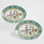 A Pair of Famille Rose 'Figural' Oval Platters, Mid 20th Century, 建国初期 松石绿地粉彩仕女盘一对, length 14.2 in —