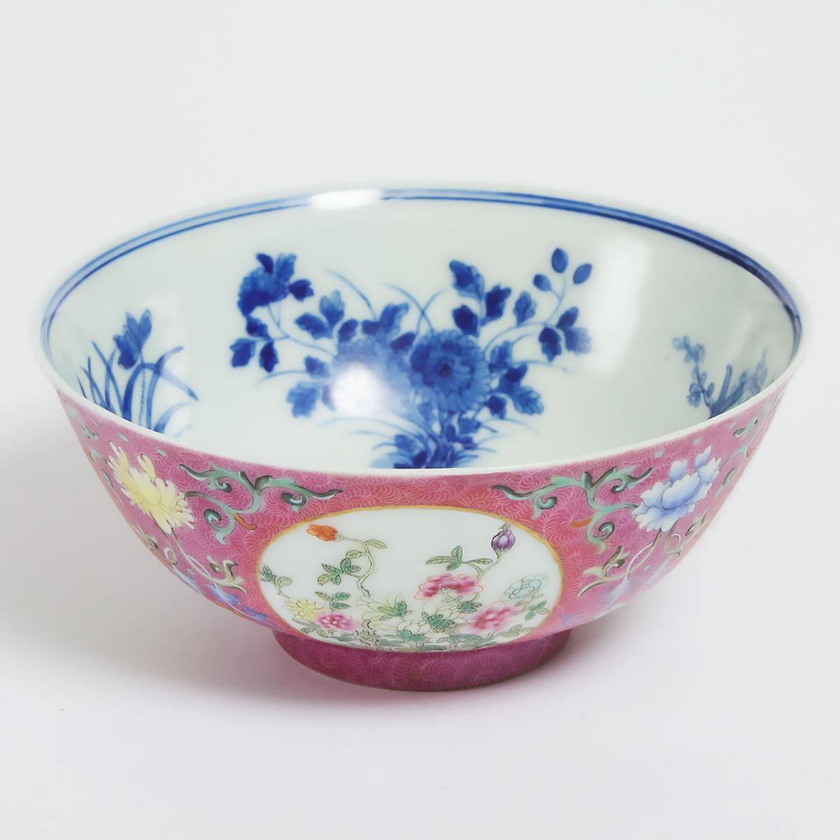 A Famille Rose Sgraffito Ruby-Ground 'Medallion' Bowl, Daoguang Mark, 清 道光款 胭脂红地轧道粉彩开光花鸟图碗, diameter - Image 7 of 7