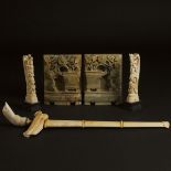 A Balinese Ivory Kris Dagger, Together With a Pair of Bone Carved Figures and a Pair of Soapstone Bo