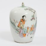 An Enameled 'Figural' Jar and Cover, Mid 20th Century, 建国初期 彩瓷人物纹盖罐, height 12.4 in — 31.5 cm