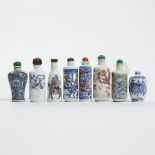 A Group of Eight Underglaze-Blue and Copper-Red Snuff Bottles, 19th Century, 清 十九世纪 青花及青花釉里红鼻烟壶一组八件,