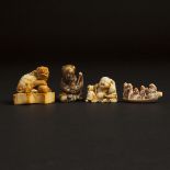 A Group of Four Ivory and Bone Carvings, 18th century and Later, 十八世纪及更晚 牙骨雕根付一组四件, tallest height 1