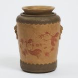 A Small Zisha Vase, 'Jin Shang Ding Biao' Mark, Dated 1958, 建国初期 1958年 金商鼎标'悠然自得'紫砂壶, height 5.5 in