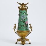 An Export Ormolu-Mounted 'Peony' Vase, Late 19th Century, 十九世纪晚期 外销铜镶绿地彩瓷花鸟纹瓶, height 22.2 in — 56.3