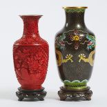 A Chinese Lacquer Vase, Together With a Black Ground Cloisonné 'Dragon' Vase, Mid 20th Century, tall