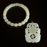 A White Jade Pendant, Together With a Pale Celadon Jade 'Dragon' Bangle, Late Qing Dynasty, 19th/20t