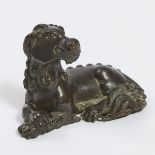 A Gilt Bronze 'Mythical Beast' Paper Weight, 20th Century, 二十世纪 铜鎏金瑞兽镇纸, length 2.8 in — 7.2 cm