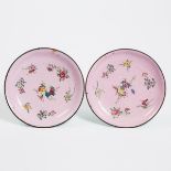 A Pair of Painted Enamel Pink-Ground Dishes, Qianlong Mark, 乾隆款 粉地铜胎画珐琅花卉纹盘一对, diameter 6.4 in — 16.