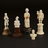 A Group of Five Continental Ivory Figures, Late 19th/Early 20th Century, 十九/二十世纪 牙雕人物摆件一组五件, tallest