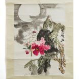 Zha Qidian (1922-2011), Peony Under Moonlight, 乍启典 (1922-2011) 月下牡丹图 设色纸本 卷轴 作于1998年, image 26.8 x 1
