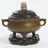 A Bronze Censer and Cover, 宣德款铜炉, censer 2 x 4.9 in — 5.2 x 12.5 cm