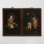 A Pair of Soapstone Inlaid 'Figural' Panels, Republican Period, 民国时期 嵌寿山石雕人物挂屏两扇, including frame 19