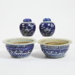 A Pair of Blue and White 'Prunus' Lidded Jars, Together With a Pair of Planters, 19th/Early 20th Cen