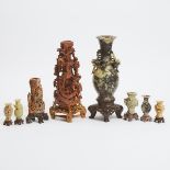 A Group of Eight Chinese Soapstone Carvings, Mid 20th Century, 建国初期 皂石雕摆件一组八件, tallest height 15.7 i