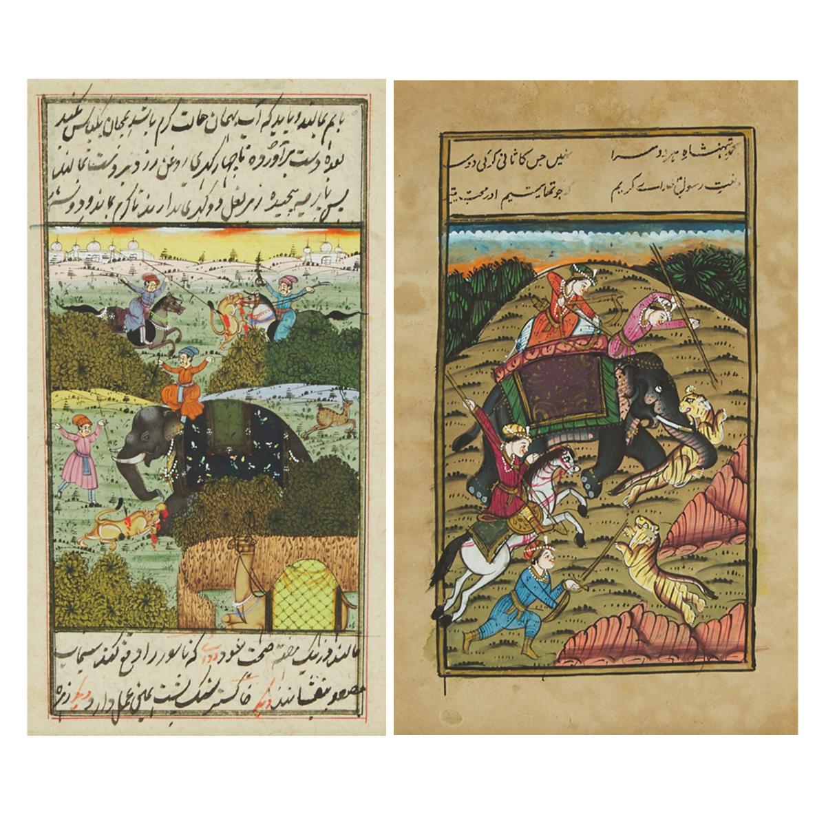 Two Indian Miniature Paintings of Hunting Scenes, 20th Century, largest frame 12.6 x 9.9 in — 31.9 x