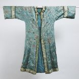 A Chinese Blue Ground Silk Embroidered Robe, 19th/20th Century, 晚清/民国时期 蓝地刺绣庭院花鸟纹女袍, 51.2 x 55.1 in