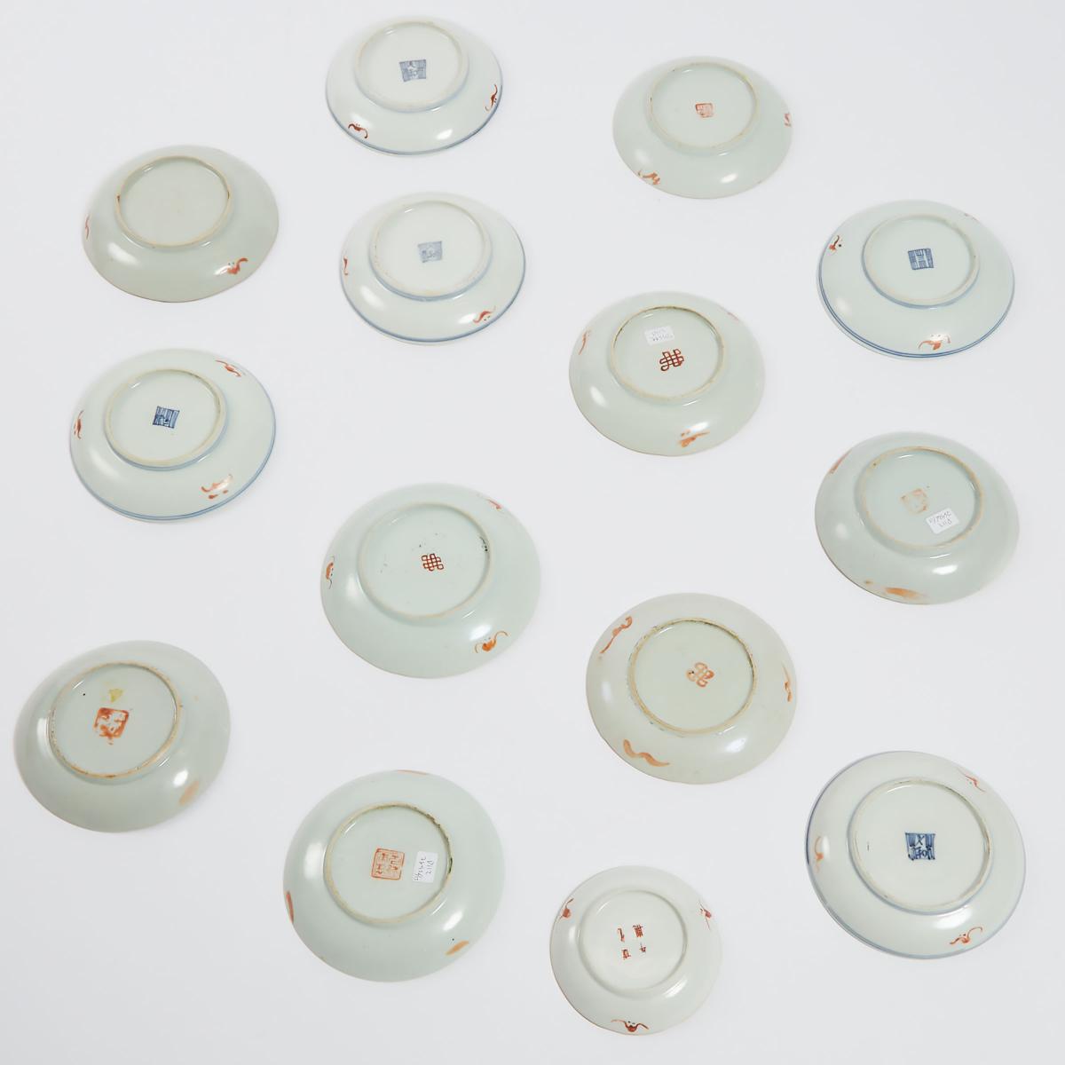 A Group of Fourteen Famille Rose Dishes, Late Qing/Republican Period, 晚清/民国时期 粉彩及矾红小盘一组十四件, largest - Image 2 of 2