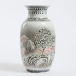 A Chinese Grisaille Enameled 'Winter Landscape' Vase, Jingdezhen Mark, Mid 20th Century, 建国初期 墨彩山水诗文