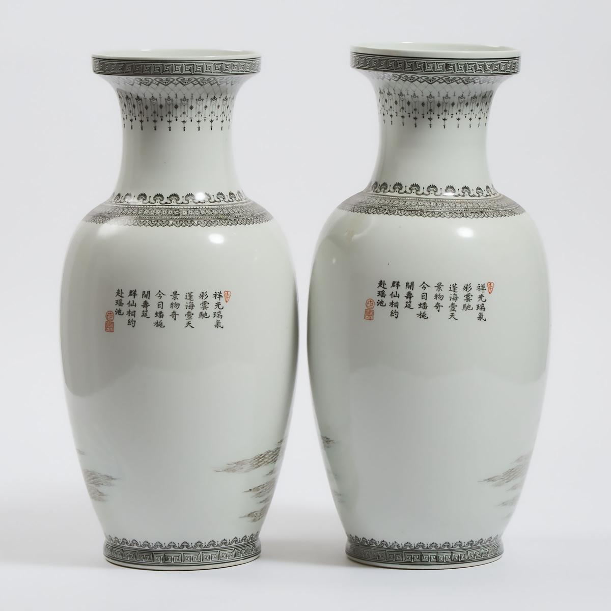 A Pair of Grisaille and Enamel Porcelain Vases, Mid 20th Century, 建国初期 粉彩'祥光瑞气'诗文八仙人物瓶一对, height 18. - Image 2 of 3