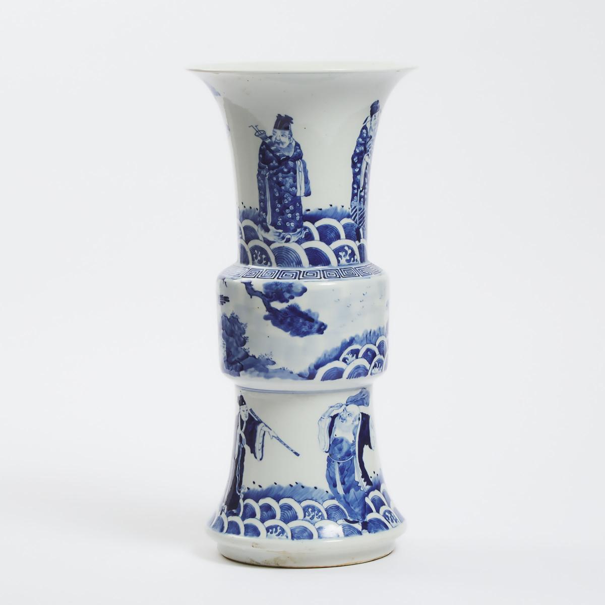 A Blue and White 'Eight Immortals' Gu Vase, Late 19th/Early 20th Century, 晚清/民国时期 青花八仙纹觚式瓶, height 1 - Image 2 of 5