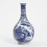 A Chinese Export Blue and White Porcelain 'Landscape' Bottle Vase, 18th Century, 十八世纪 外销青花开窗山水人物纹瓶,