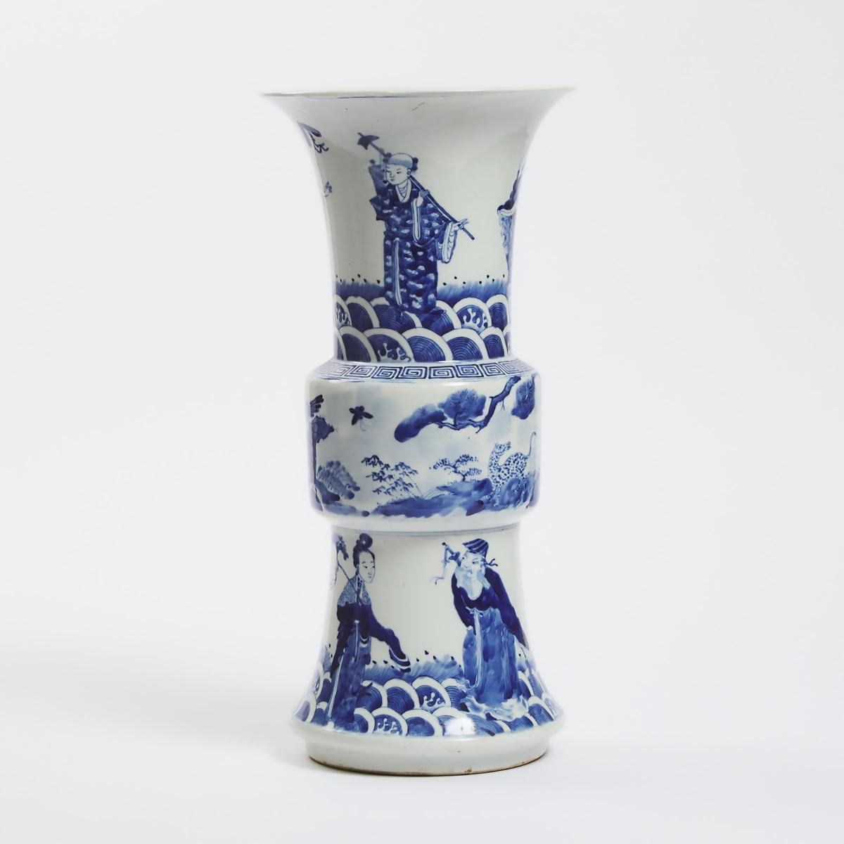 A Blue and White 'Eight Immortals' Gu Vase, Late 19th/Early 20th Century, 晚清/民国时期 青花八仙纹觚式瓶, height 1 - Image 4 of 5