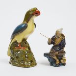 A Shiwan Pottery Figure of a Fisherman, Together With a Polychrome Glazed Parrot, Early to Mid 20th