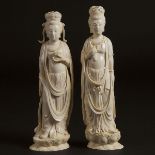 Two Chinese Ivory Bodhisattvas, Mid 20th Century, 建国初期 中国牙雕观音立像一组两件, height 8.8 in — 22.4 cm (2 Piec