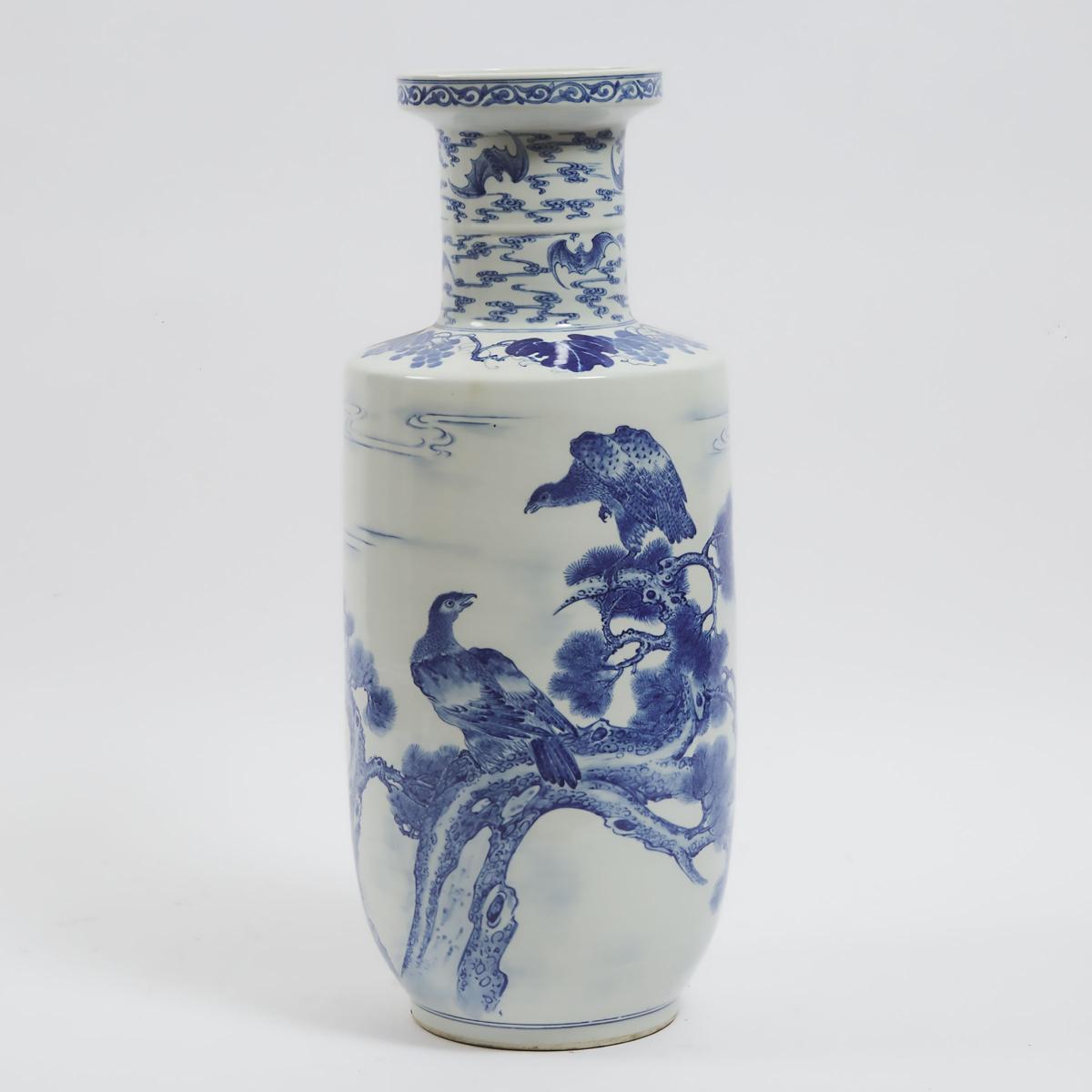 A Large Blue and White 'Birds and Pine' Vase, Early to Mid 20th Century, 民国时期 青花'苍鹰劲松'纹纸槌大瓶, height