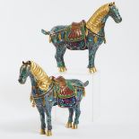 A Pair of Chinese Cloisonné Horses, 20th Century, 二十世纪 铜胎掐丝珐琅骏马一对, 15 x 18.3 in — 38 x 46.5 cm (2 Pi