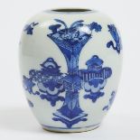 A Blue and White 'Hundred Antiques' Ovoid Jar, Kangxi Period (1662-1722), 十八世纪 康熙青花'博古图'罐, height 5.