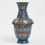 A Blue Ground Cloisonné 'Taotie' Vase, 20th Century, 二十世纪 饕餮纹铜胎掐丝珐琅瓶, height 15.4 in — 39.1 cm