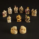 A Group of Nine Ivory Netsuke Figures, Together With a Pair of 'Shishi' Seal Netsuke, Mid 20th Centu