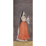 Mughal School, A Court Lady Holding a Vessel and Garland, 18th Century, including border 10 x 6.8 in